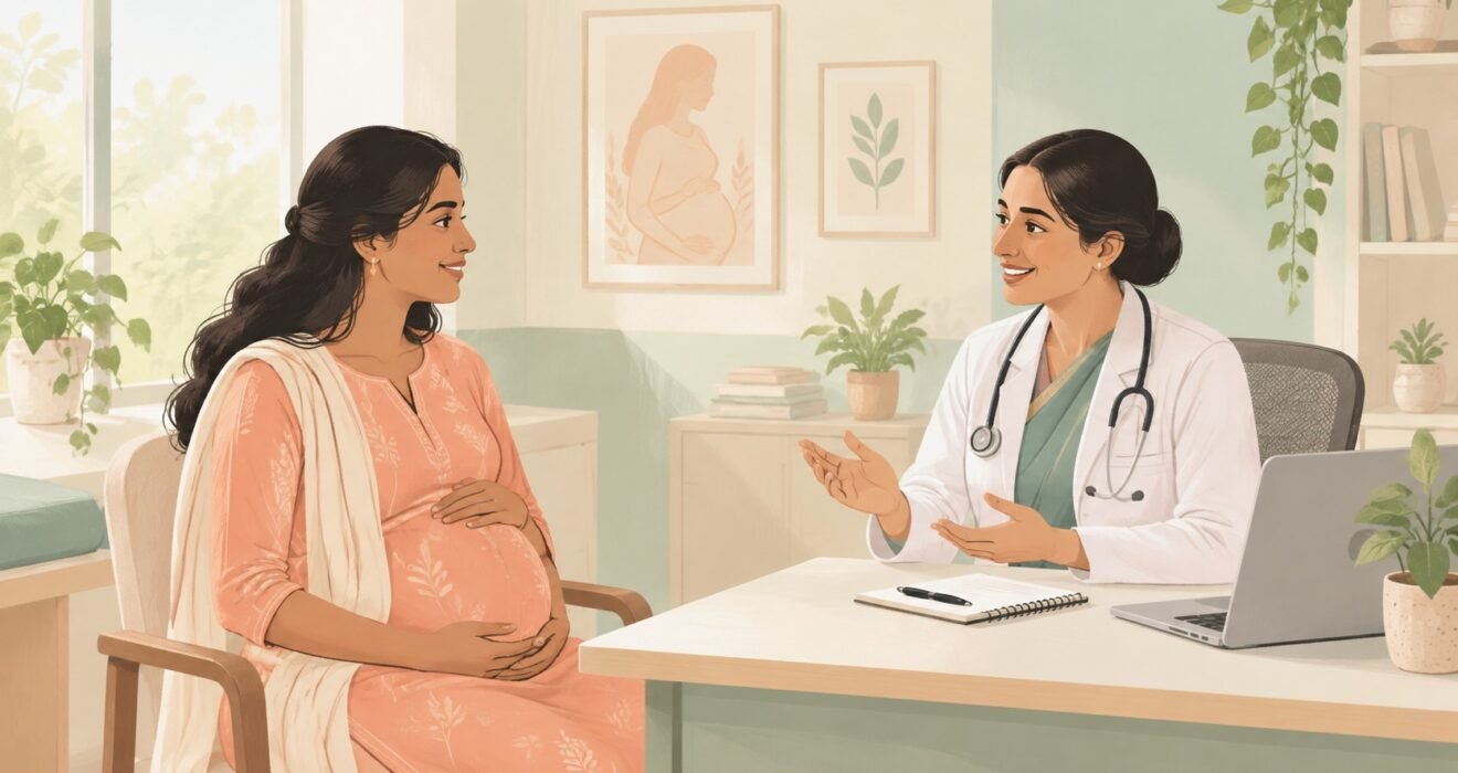Illustration of a pregnant woman discussing care with a female doctor.