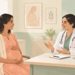 Illustration of a pregnant woman discussing care with a female doctor.