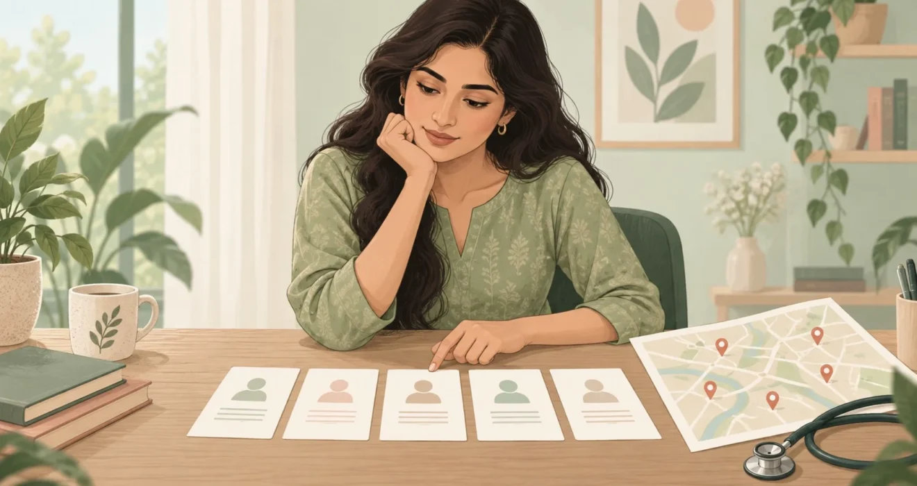 Illustration of a woman comparing five blank doctor profile cards beside a conceptual map.