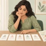 Illustration of a woman comparing five blank doctor profile cards beside a conceptual map.