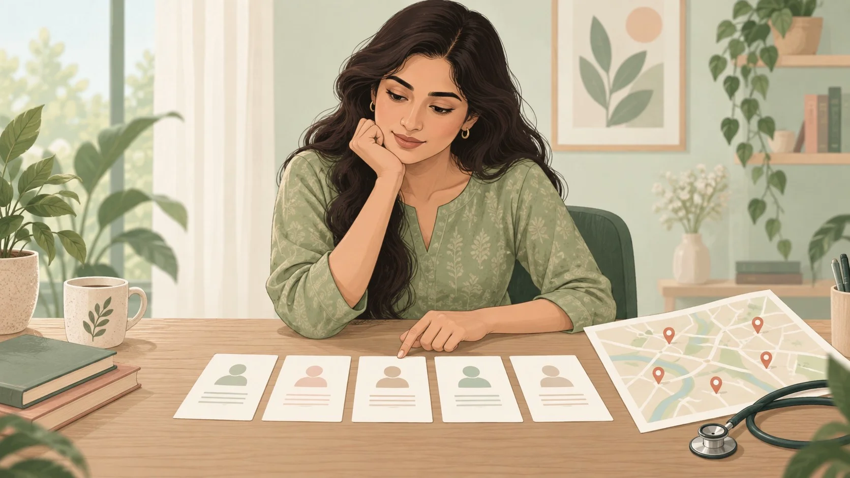 Illustration of a woman comparing five blank doctor profile cards beside a conceptual map.
