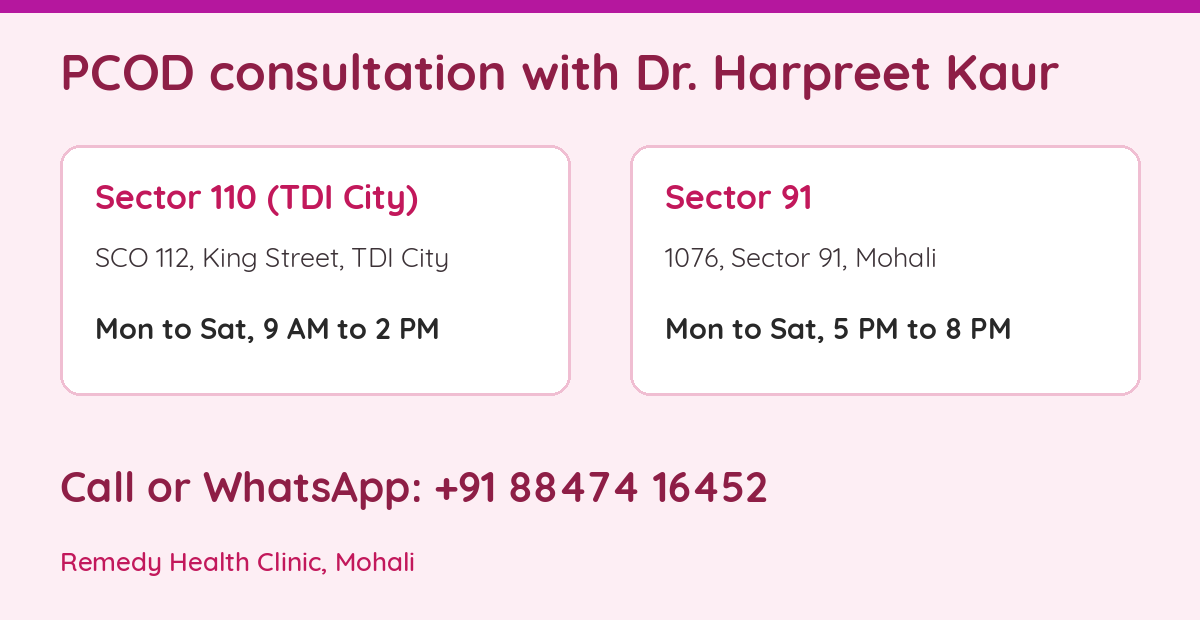Remedy Health Clinic Mohali: PCOD consultation at Sector 110 and Sector 91, call or WhatsApp +91 88474 16452